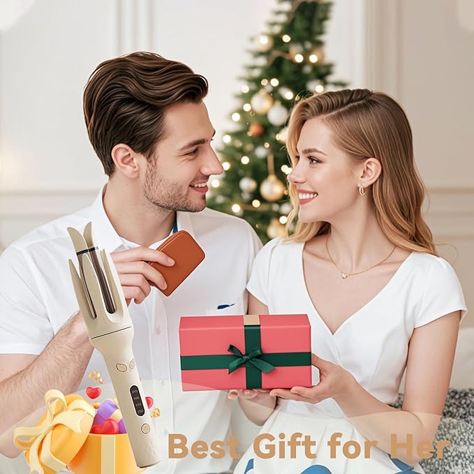 Automatic Curling Iron Rotating Curling Iron with 4 Temps &amp Display Screen 40S Fast Heating Hair Curlings Wand Anti-Tangle Anti-Scald Wave Curling Irons Ceramic Hair Curler for Women (Yellow)