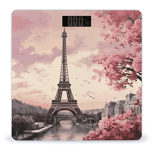 Romantic Paris Tower Bathroom Scale Automatic Power On/Off Body Scales LCD Backlight Display Square Digital Scale Rounded Corners Bathroom Scales for Home Bedrooms