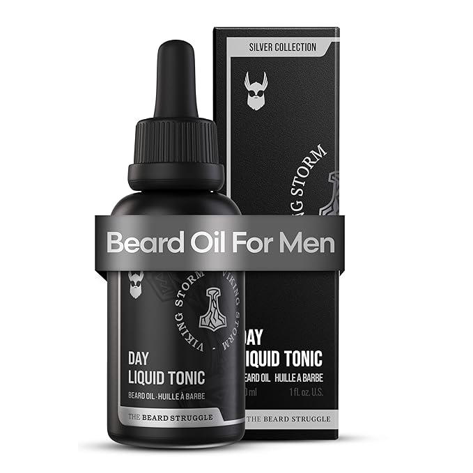 The Beard Struggle - Day Liquid Tonic Beard Oil - Silver Collection (Viking Storm) - Beard Oil for Men - Moisturize Softens Hair Reduces Itch - Day Time Beard Growth Oil (1 Fl oz)