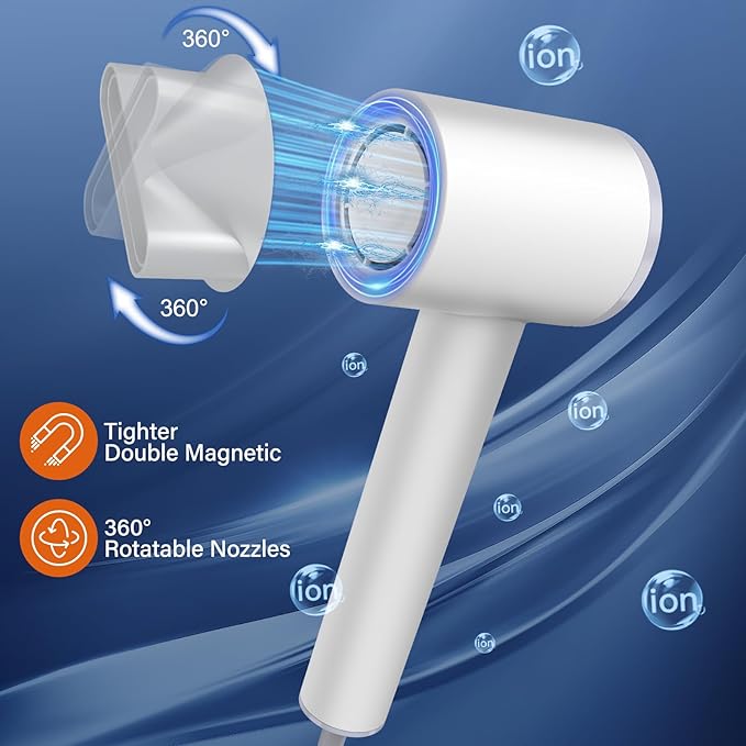Professional Hair Dryer Blow Dryer 1600W Ionic Hair Dryer with LED Display&ampMagnetic Nozzle Portable Hair Dryer with 4 Temps 3 Air-speeds Low Noise Hair Blow Dryer for Travel Home-Shell White