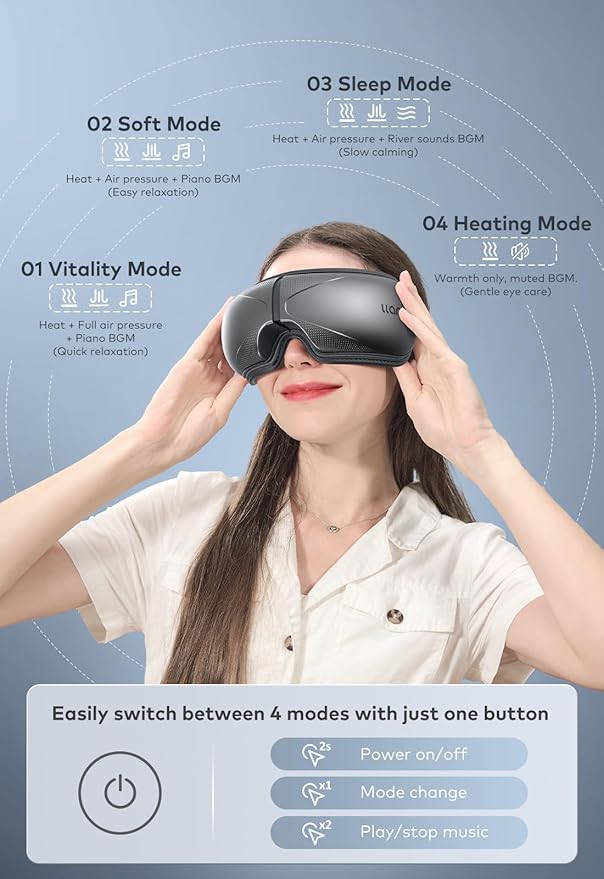 llano Eye Massager with Heat Heated Eye Mask with MusicFoldable Eye Care Face Eye Massager for Relax Eye Strain Dark Circle Dry Eye Birthday Holidays Gifts for Women/Men (Grey)
