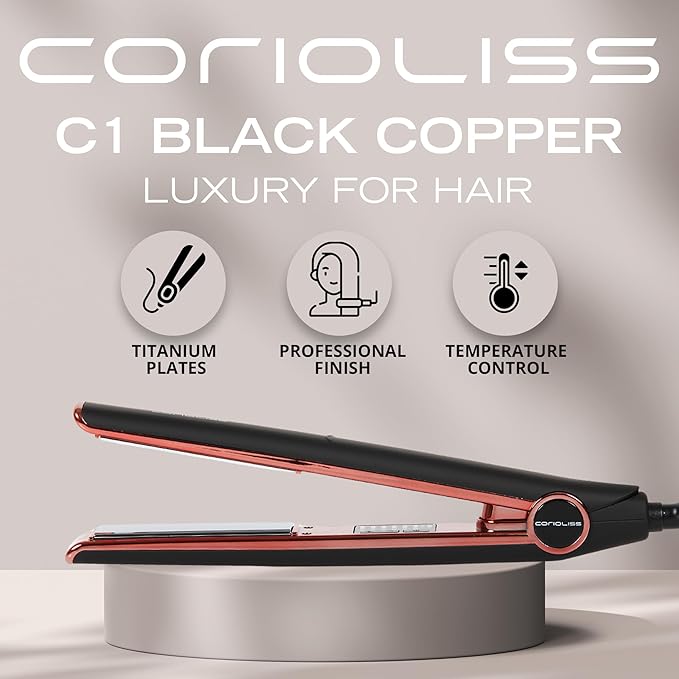 Corioliss C1 Flat Iron Hair Straightener Professional Titanium Plates Temperature Control Travel Case (Black Soft Touch Copper)