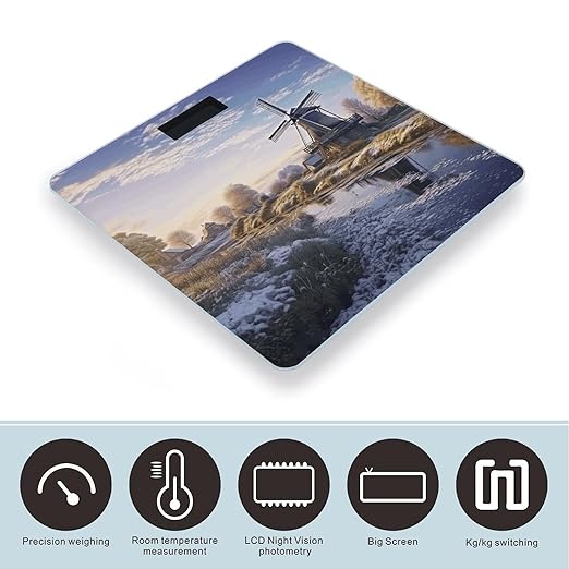 Landscape with A Traditional WindmillScale for Body Weight with LCD High Precision Weighing Scales Fashion Sturdy Tempered Glass Weight Scales Easy-to-Read Digital Bathroom Scale for Daily 400lb