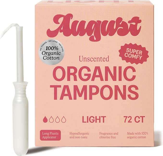August Light Tampons - 72-Pack 100% Organic Cotton Tampons for Women and Anyone Who Menstruates Non-Toxic Fragrance-Free and Hypoallergenic with Long Applicators (3 Boxes of 24)