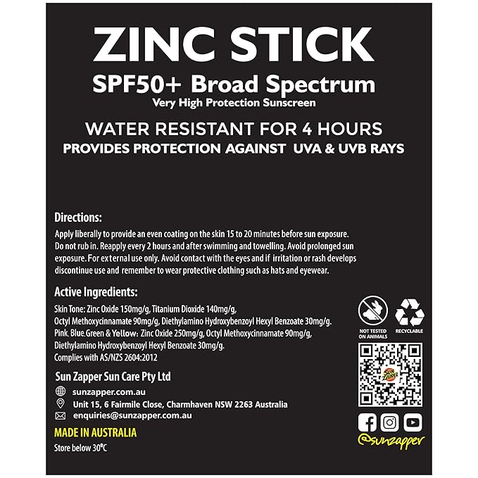 Sun Zapper Zinc Stick Mineral Sunscreen (Light Skin Tone Pink Blue Green Yellow) SPF 50+ Water Resistant for Face &amp Body Adults Kids 8-Pack Broad Spectrum Sun Block Made in Australia