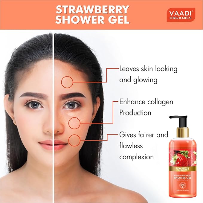 Vaadi Herbals Shower Gel - Sulfate-Free - Herbal Body Wash Both For Men And Women - 300 Ml (10.14 Fl Oz) - (Blushing Strawberry) (2 Bottles)