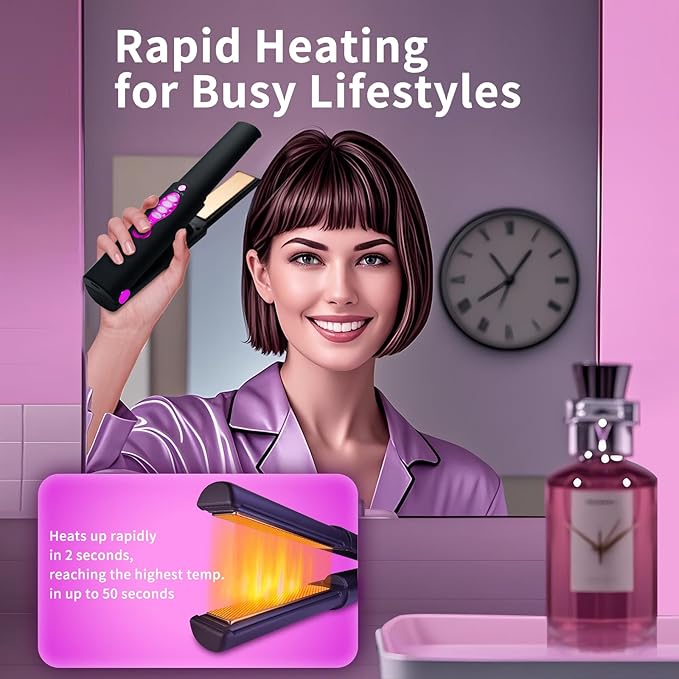Mini Cordless Flat Iron for Short Hair - Titanium Travel Straightener &amp Curler with USB-C Fast Charging 5000mAh Battery Dual Voltage 3 Adjustable Heat Settings 2-Second Rapid Heating (2026)