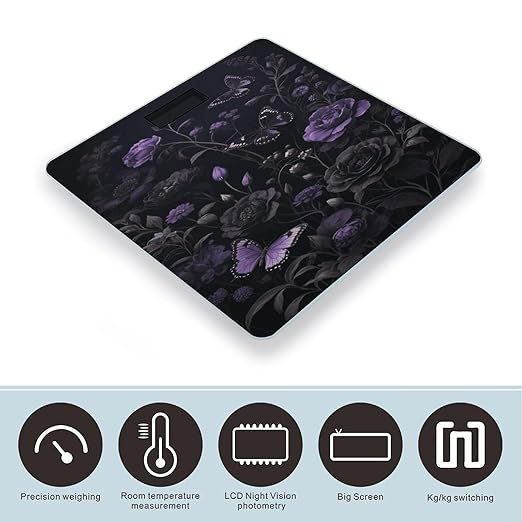 Dark Floral Butterfly Weight Scale Large Bathroom Scales Digital Weight with Bright LED Display Non Slip Automatic Weighing Scale Fashion Weighing Machine for Body