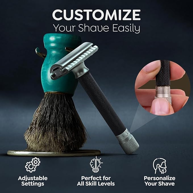 Parker THE VARIANT CLOSED COMB - ADJUSTABLE Double Edge Safety Razor Customize your Shave with a Turn of the Dial from Mild to Aggressive - 5 Blades Included (GRAPHITE GRAY)