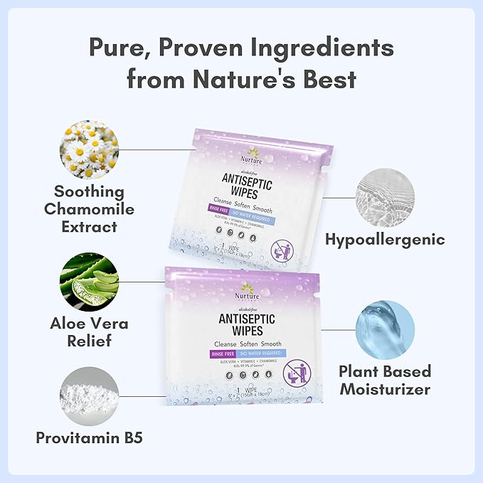 XL Individually Wrapped Nurture Antibacterial Body &amp Hand Wipes | Alcohol-Free Antiseptic Wet Disinfecting Towelettes for Germ Removal Sanitizing Hands |Cleaning Cloths| Adults &amp Baby| Thick