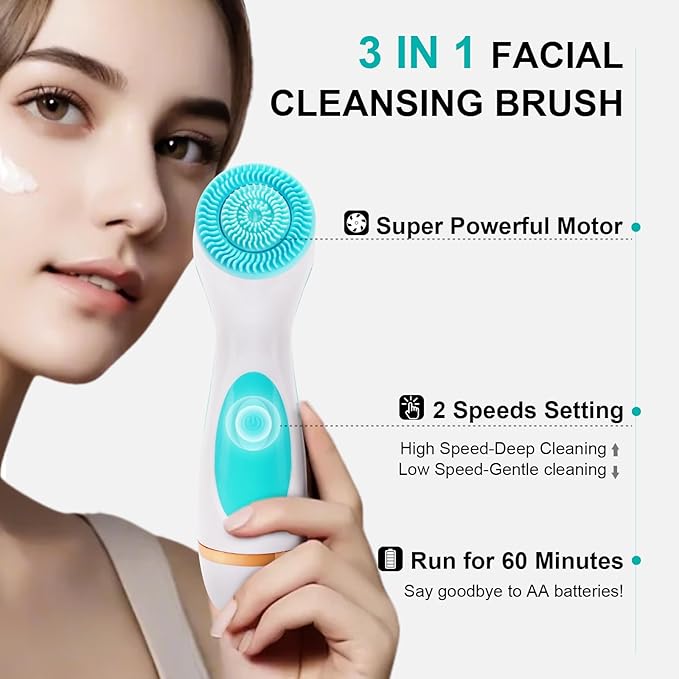 Facial Cleansing Brush 3 in 1 Electric Face Scrubber with 3 Brush Heads for Women/Men Waterproof Rechargeable Face Cleansing Brush for Dry Oily Sensitive Skin (Blue)