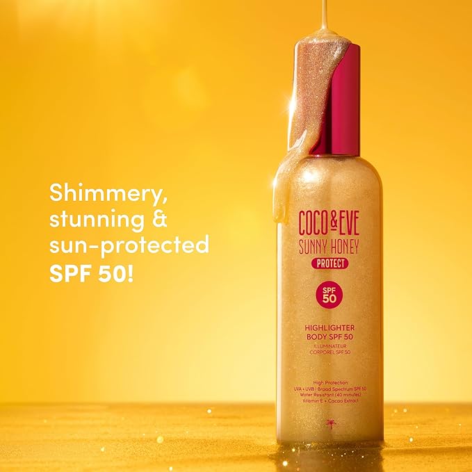 Coco &amp Eve Body Highlighter SPF 50 – Shimmer Sunscreen Broad Spectrum Sun Protection Lightweight Serum-Like Lotion with Pearlescent Minerals &amp Vitamin E for Hydrated &amp Glowing Skin 5.07