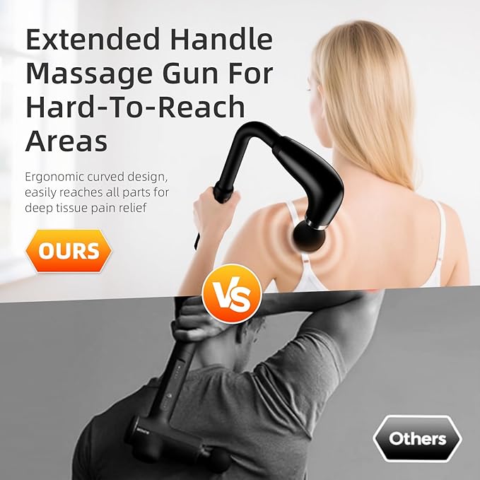 Massage Gun with Upgraded Extension HandleBack Massage Gun Deep TissueBack Massager for Pain Relief for Muscles Neck Shoulders Waist Arm Legs Foot4 Replaceable Heads &amp 9 Speeds (Black)
