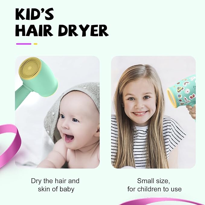 Feekaa Kids Hair Dryer Low Noise Gentle Heat for Kids Skin Gift for Children's Birthday Christmas Yellow-Green