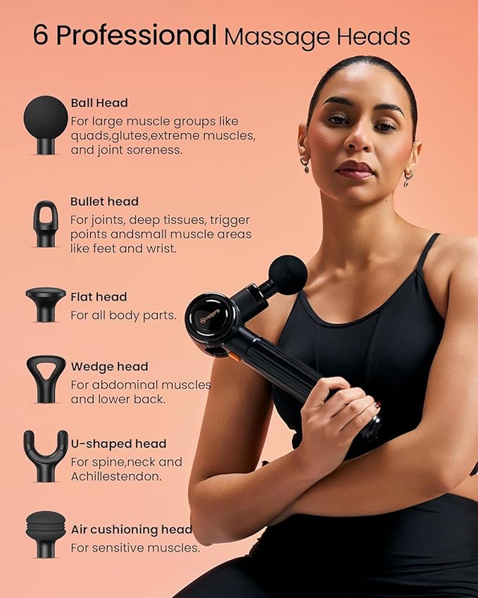 NAPRE Massage Gun with Extension Handle &amp 3 Adjustable AnglesDeep Tissue Back Massage for Neck/Shoulders/Waist/Legs/Body Pain ReliefHandheld Percussion Muscle Massager6 Heads &amp SilentBlack