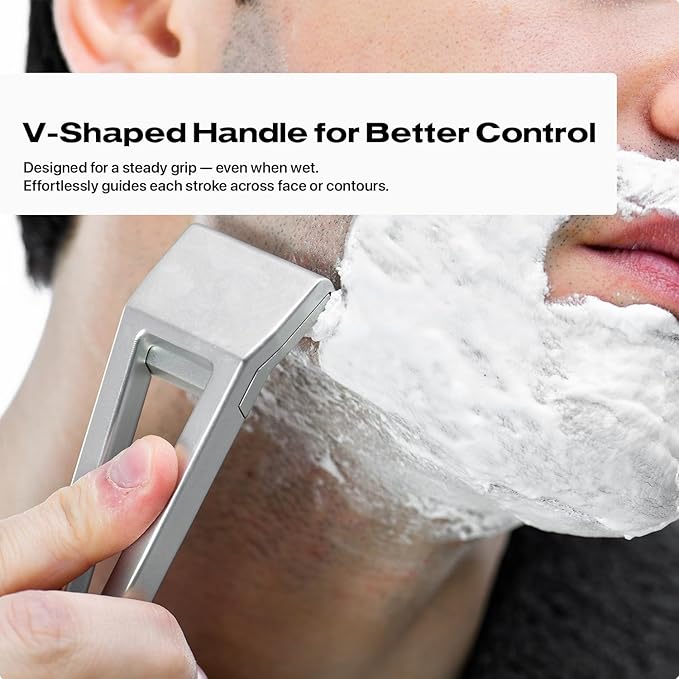 HYPE X1 Single Edge Aluminum Safety Razor Full Set - Ergonomic V-Shaped Design with 3 Customizeble Shave Settings 20 Non-Proprietary Blades Shaving Brush &amp Stand - Silver