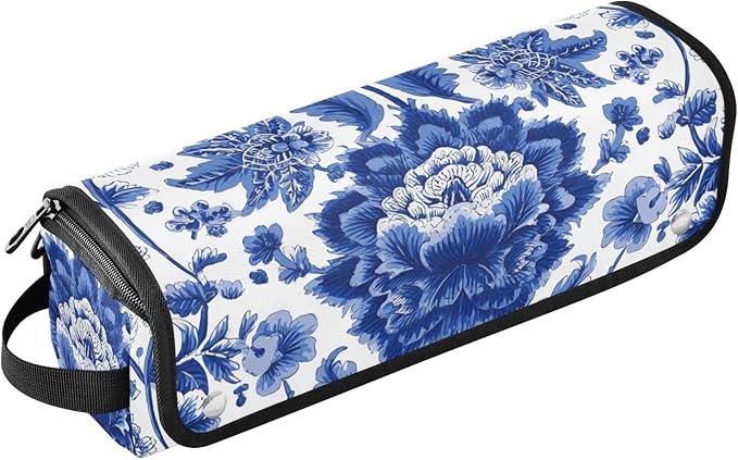 Hair Tools Travel Bag with Heat Resistant Mat Detachable 2-in-1 Curling Iron Travel Case Hot Tools Organizer for Straightener Flat Iron Blue and White Symmetrical Floral