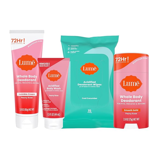 Lume Skin Care Gift Set for Women Whole Body Deodorant Starter Pack - Smooth Solid Stick Invisible Cream Tube Acidified Body Wash Mini &amp Deodorant Wipes - Aluminum Free Odor Control (Peony Rose