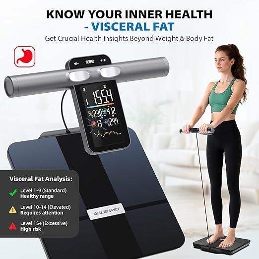 ABLEGRID 8-Electrode Digital Smart Bathroom Scale for Body Weight and Fat PercentageFull Body Composition Analyzer with Gradient Trends Display12.2 Platform Handle BMI Weighing Machine400lb