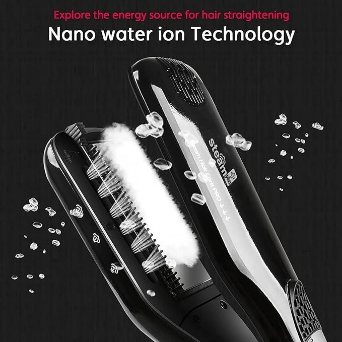 SteamPlus Professional Steam Hair Straightener with LCD Display White and Black 6 Steam Vents Detachable Guide Comb Temperature Control Ceramic Plates (Black)