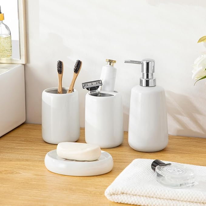 vancasso White Bathroom Accessories Set Ceramic Soap Dispenser and Toothbrush Holder Sets Stoneware 4 Pcs Bathroom Sink Set for Modern Home Decor