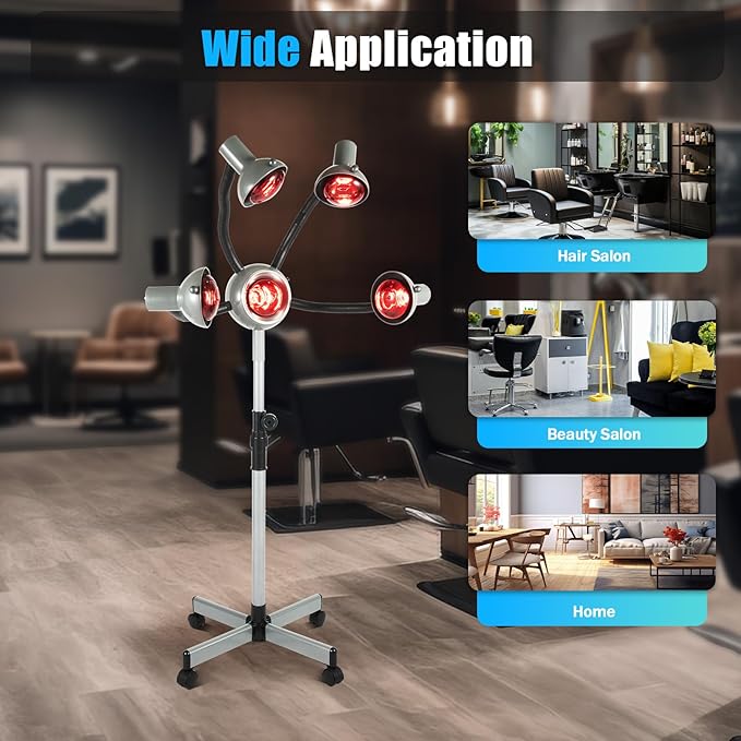 5 Heads Hair Heater Lamp Lemoeyes Salon Heat Lamp 750W 110V Salon Vaporizer with Rolling Base and Flexible Arms Heat Hair Color Processing Drying Machine