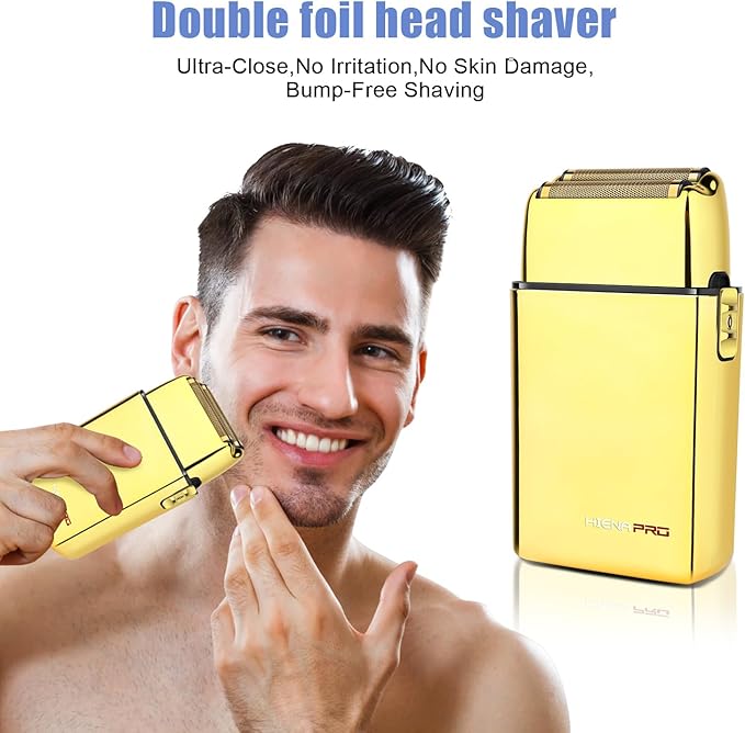 HIENA PRO Foil Shaver for Men Barber Double Electric Foil Trimmer Professional Electric Razor Close Shaver Cordless Rechargeable with USB Gold