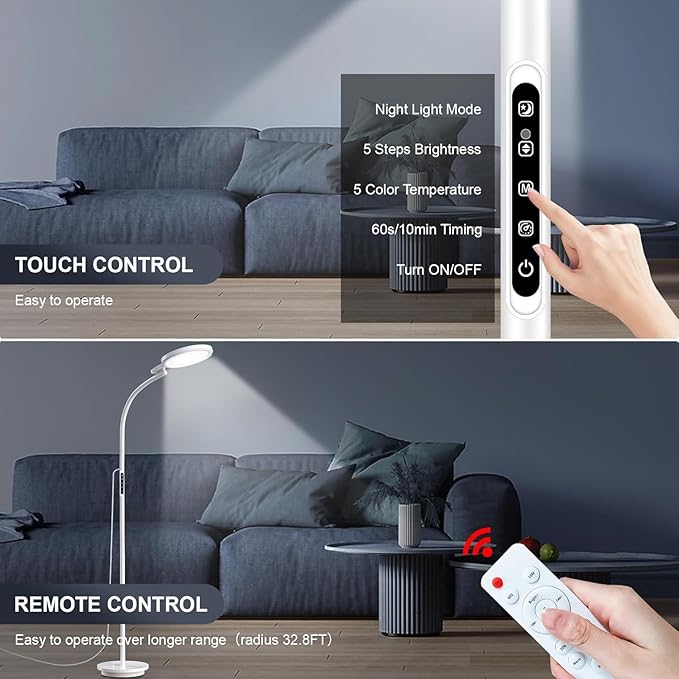 Light Therapy Lamp LED Sunlight Lamp 10000 Lux Full Spectrum Happy Therapy Lamp Floor andDesklamp with 5 Brightness &amp 5 Color Temperatures 3 Heights for Apartment/Office/Home