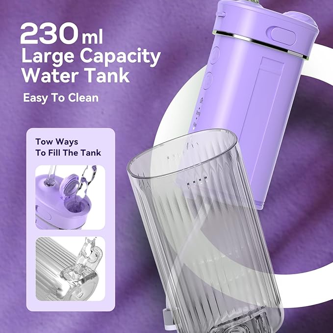 JTF Portable Water Flosser for Travel: Compact Mini Design 3 Modes &amp 8 DIY Pressure Levels for Sensitive Teeth &amp Braces - with 5 Nozzles &amp Removable 230ml Tank Cordless Oral Irrigator fo