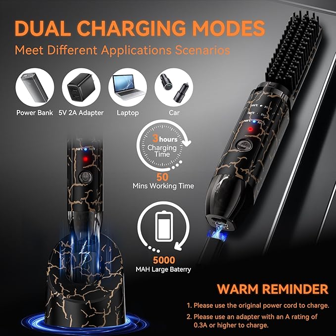 Beard Straightener for Men Cordless Heated Beard Brush Portable Beard Hot Combs Ionic Mini Hair Straightener with 3 Temp Settings Coarse Curly Hair Brush Grooming Kit for Men