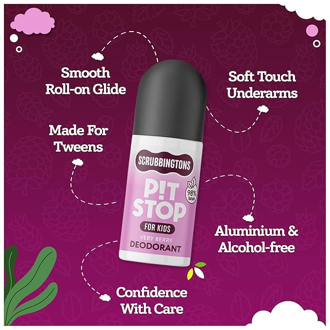 Scrubbingtons Pit Stop Kids Deodorant Natural Roll On For Children Teens. Made in UK 98% Natural Ingredients For Sensitive Skin. Paediatrician approved Aluminium &amp Alcohol Free Very Berry 75ml