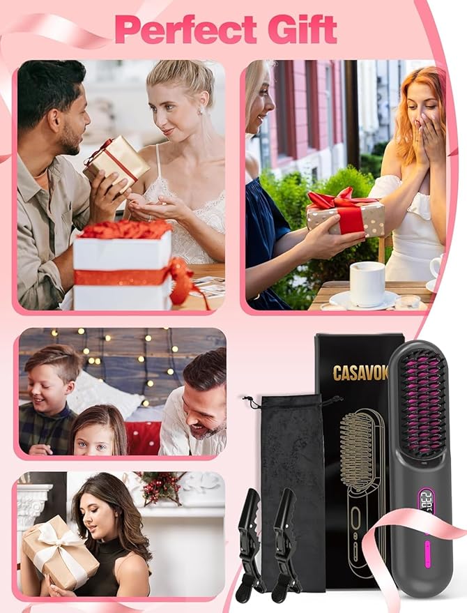 Cordless Hair Straightener Brush for TravelMini Hair Straightener Comb with Negative IonPortable hot Brush Hair Straightener for Women Rechargeable 9600mAh Battery Anti-Scald12 Temp-Setting(Grey)