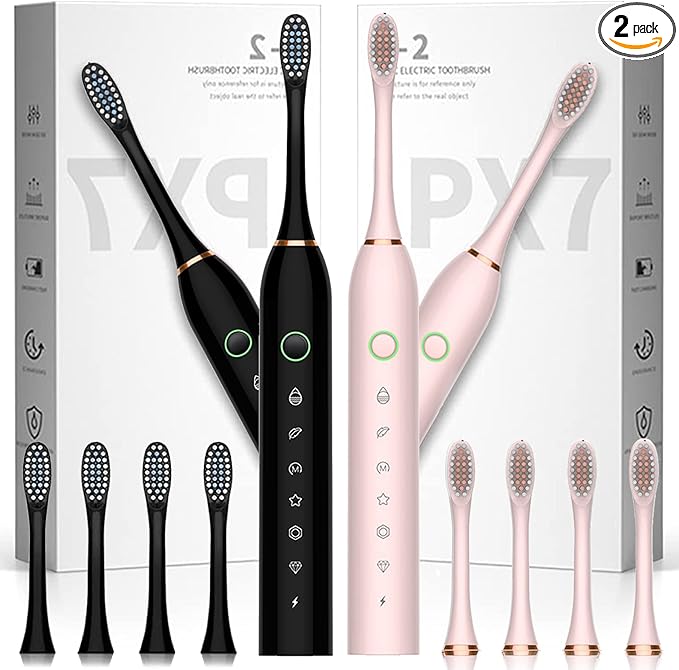 Electric Toothbrush for Adults Rechargeable Electric Toothbrush with 8 Brush Heads 42000vpm 6 Modes IPX7 Waterproof 2 Pack Soft Electric Toothbrush Black Pink