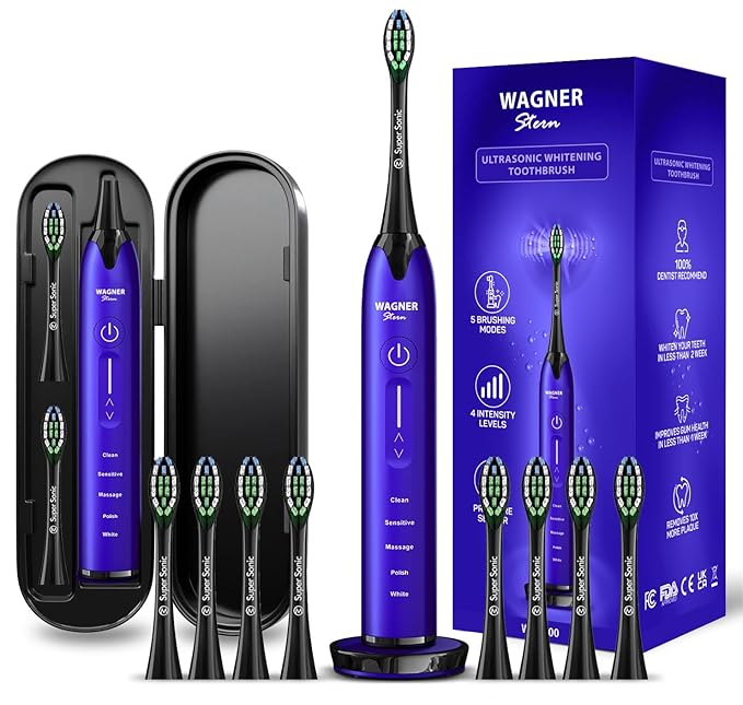 Wagner Stern Ultrasonic whitening Toothbrush with Pressure Sensor. 5 Brushing Modes and 4 Levels of Intensity 8 Soft bristles Travel case.