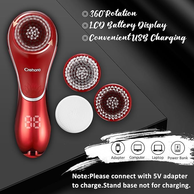 Facial Cleansing Brush Electric Face Scrubber Facial Cleansing Brush Rechargeable IPX-7 Waterproof Rotating Face Scrubber for Exfoliating Massaging and Deep Cleansing with 4 Brush Heads