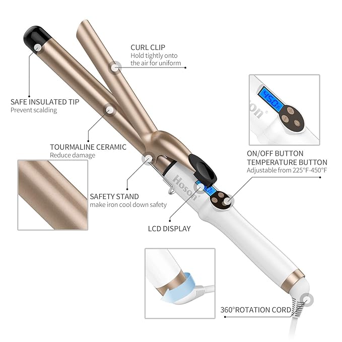 Hoson 1 Inch Curling Iron Professional Ceramic Tourmaline Coating Barrel Hair Curler LCD Dispaly with 9 Heat Setting(225°F to 450°F for All Hair Types Glove Include)