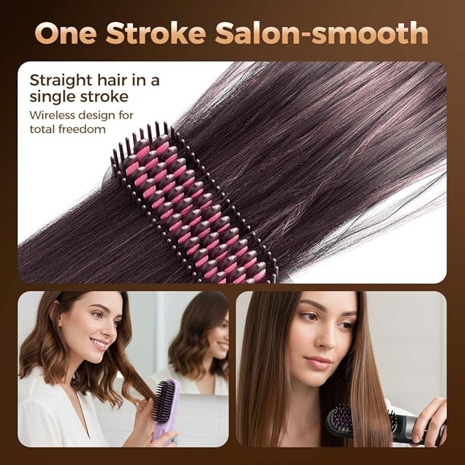 Go Brush 2026 New Cordless Straightening Brush with 3 Temperature Settings Anti-Scald Teeth Design USB Rechargeable Hair Brush for Smooth Straight and Curl Styles (Pink)