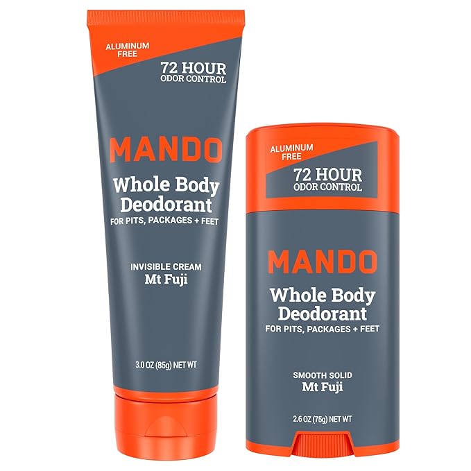 Mando Whole Body Deodorant - Invisible Cream Tube and Solid Stick - 72 Hour Odor Control - Aluminum Free Baking Soda Free Skin Safe - 3.0 Ounce Tube and 2.6 Ounce Solid Stick Bundle - Mt Fuji