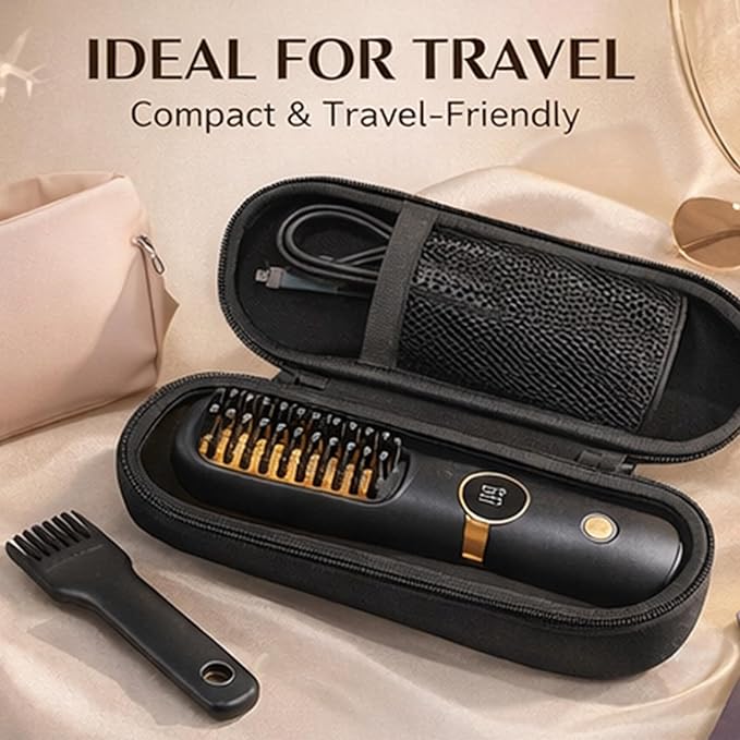 Cordless Portable Hair Straightener Brush Rechargeable Heated Styling Comb with 3 Heat Settings &amp LED Display Adjustable Cordless Hair Brush for Travel Office Gym &amp Daily Touch-Ups (Black)
