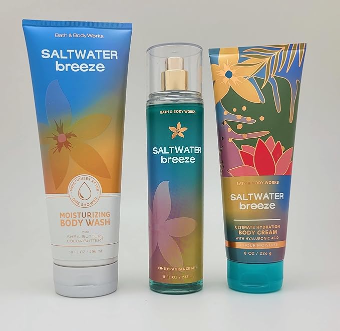 Bath &amp Body Works - Saltwater Breeze - Bundle -3 items - Moisturizing Body Wash Ultimate Hydration Body Cream and Fine Fragrance Mist - Spring 2022