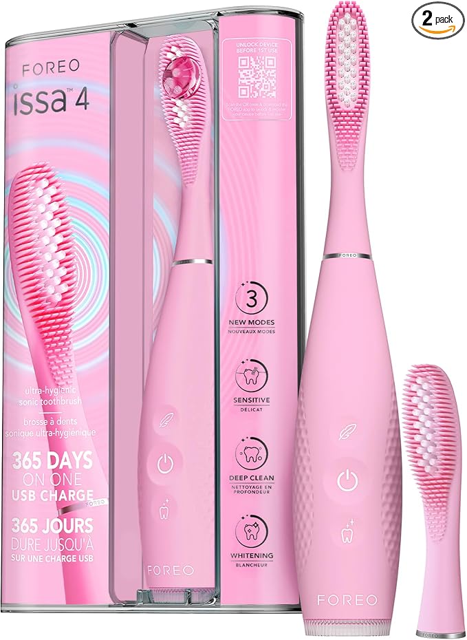 FOREO ISSA 4 Electric Toothbrush – 4-in-1 Rechargeable with Extra Brush Head Soft Bristles Long-Lasting Use Gentle Cleaning - Pearl Pink