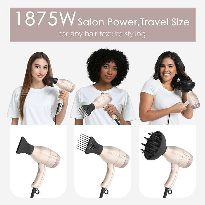 TOME Hair Dryer with Diffuser 1875W Ionic Blow Dryer with Comb Attachment and Concentrator for Home Use Fast Drying with Cool Shot and 2 Heat &amp 2 Speed Settings 125V Pink