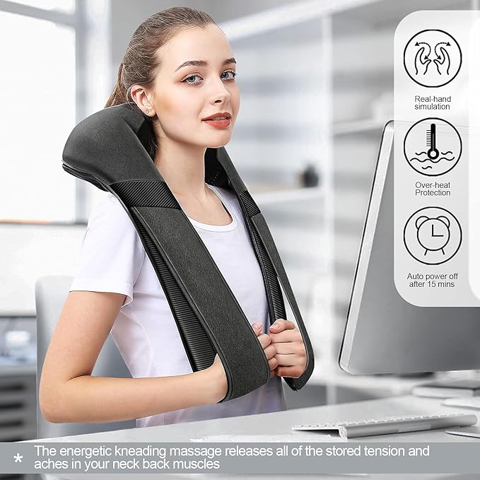 Mirakel Shiatsu Neck &amp Back Massager with Heat - Deep Tissue Neck Back &amp Shoulder Pain Relief - Ergonomic Design Shoulder Massager Electric Kneading Whole Body Massage Pillow Gifts for Women