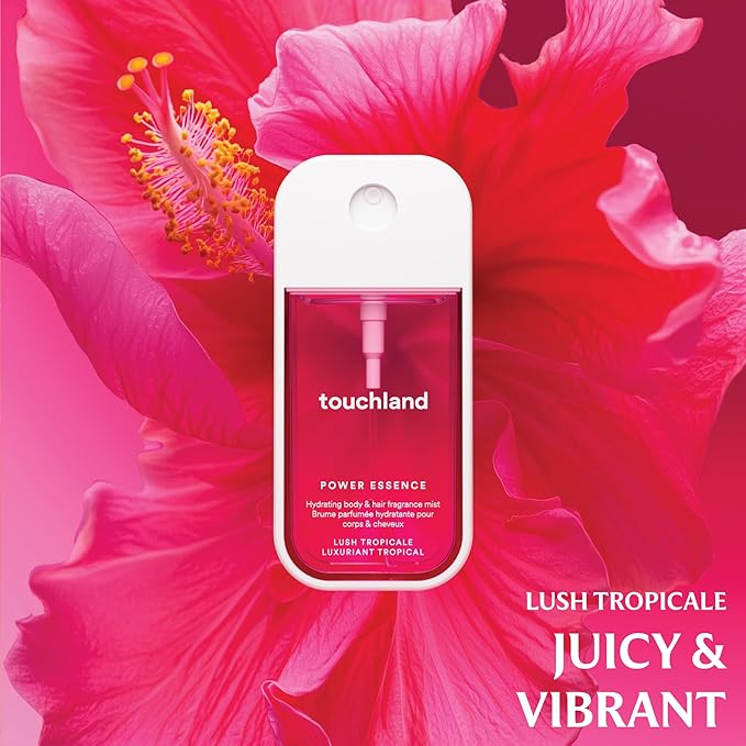 Touchland JUICY BLISS SET Power Mist Hydrating Hand Sanitizer Spray (Watermelon Berry Peach) 1 FL. OZ. + Lush Tropicale Body &amp Hair Fragrance Mist 2 FL. OZ. + Travel Size Set