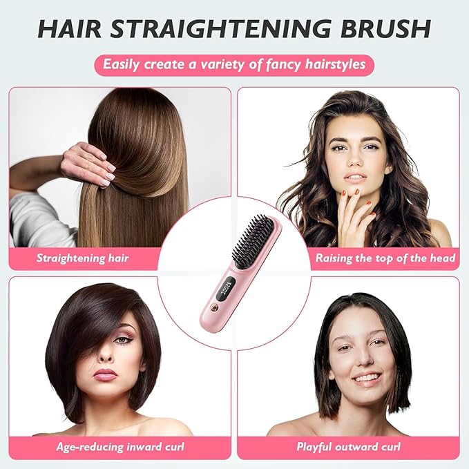 Portable Cordless Hair Straightener Brush for TravelMini Hair Straightener Comb with Negative IonMini BrushRechargeable 3 Temp-SettingPink