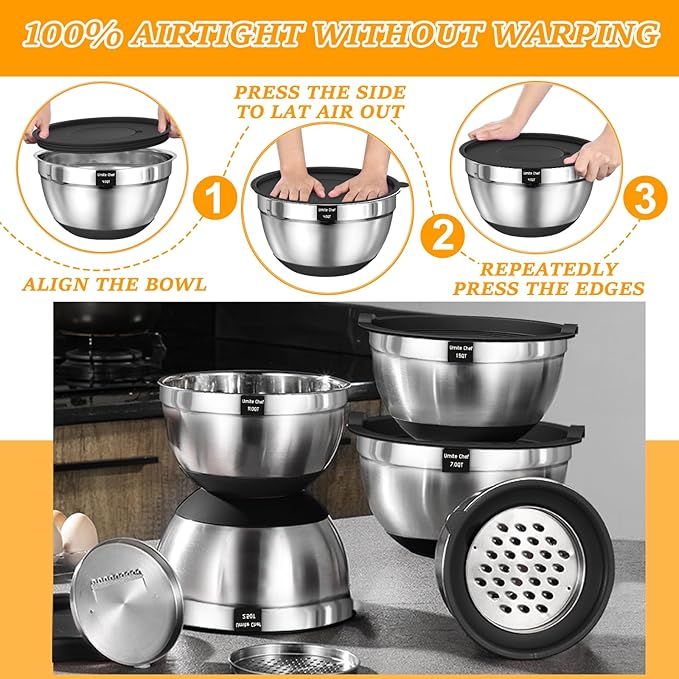 Umite Chef Mixing Bowls with Airtight Lids 26Pcs Stainless Steel Bowls Set 3 Grater Attachments &amp Black Non-Slip Bottoms Size 7 4 2.5 2.01.5 1QT Great for Mixing &amp Serving