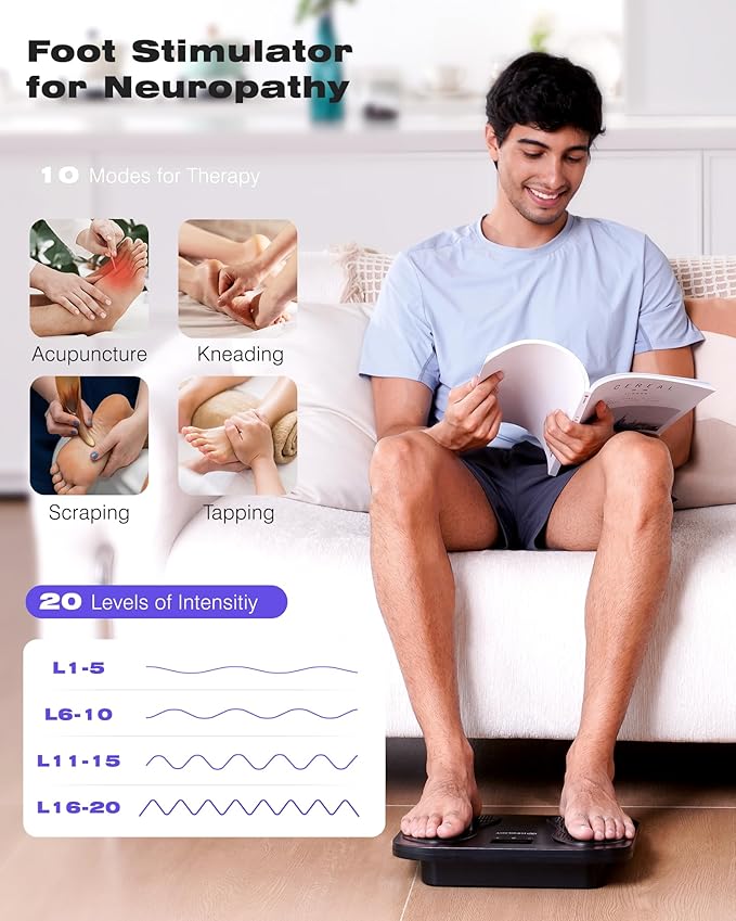 KINGJOY Foot Massager for Neuropathy Rechargeable EMS TENS Foot Stimulator with 10 Modes 20 Intensities for Circulation Plantar Fasciitis &amp Swelling Pain Relief Gifts for Women Men-Black