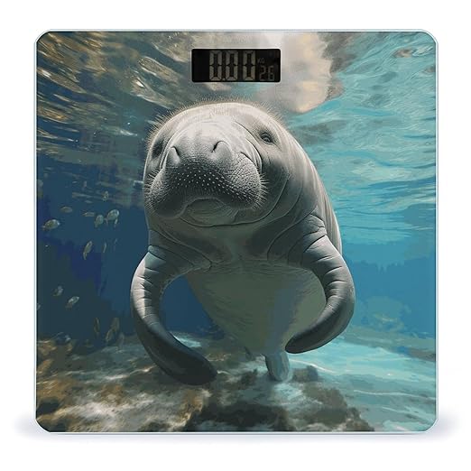 Cute Sea Animal Manatee Bathroom Scale for Body Weight Bathroom Weighing Scale with Backlit LCD Display Highly Accurate Measures Weight Up to 180kg