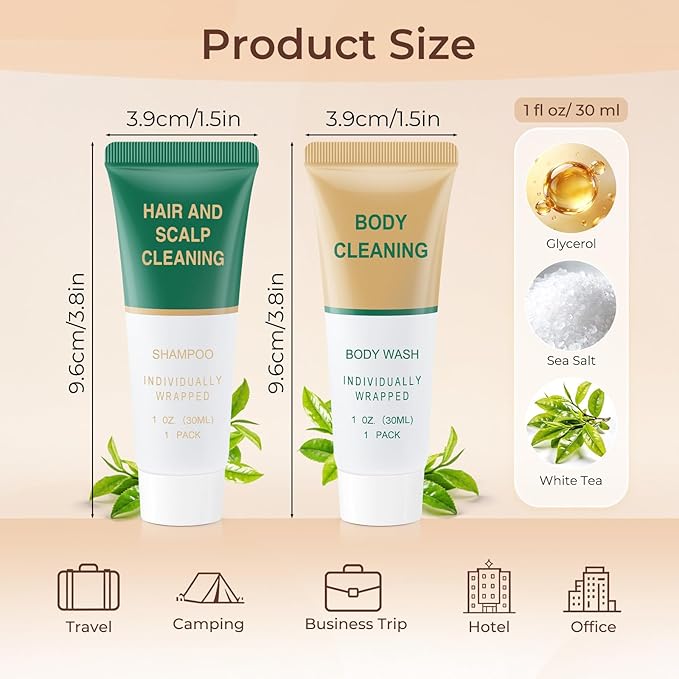 Shampoo and Body Wash BulkTravel Size Individually Wrapped Hotel Mini Shower Gel and Shampoo Small Cleansing Toiletries Amenities Men Women for Hotel/Vacation/Homeless 1 Fl Oz (Pack of 200)