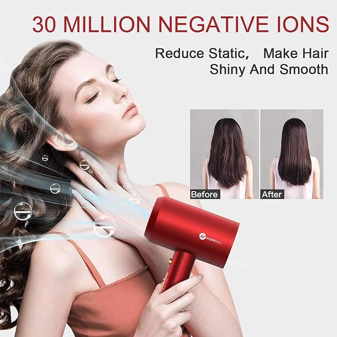 Slopehill Professional Ionic Hair Dryer Powerful 1800W Fast Drying Low Noise Blow Dryer with 2 Concentrator Nozzle 1 Diffuser Attachments for Home Salon Travel (Agate Red)